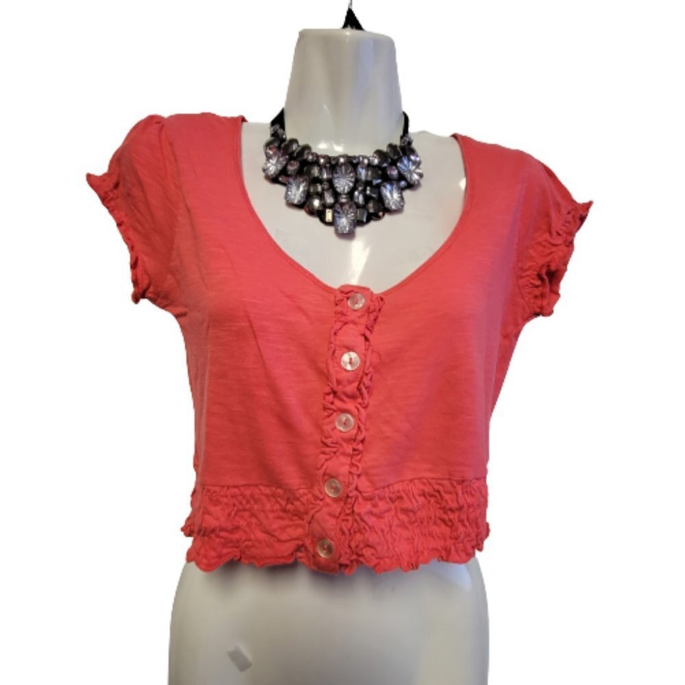 Coral Red Short Crop Top Cotton with Short Sleeve for Kids Teens Petite Women- M
